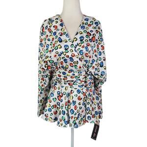 Vintage 80s Simon Sez White Multicolor Dot Wrap Blouse Top 8